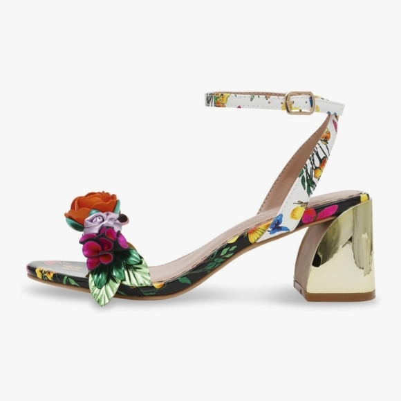 Betsey Johnson Darcee Sandals Gold Block Heels Colorful 3d Floral Straps - Picture 5 of 6